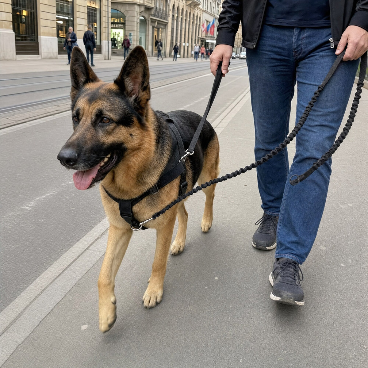 Berger allemand qui marche calmement en ville avec le harnais Livelor noir