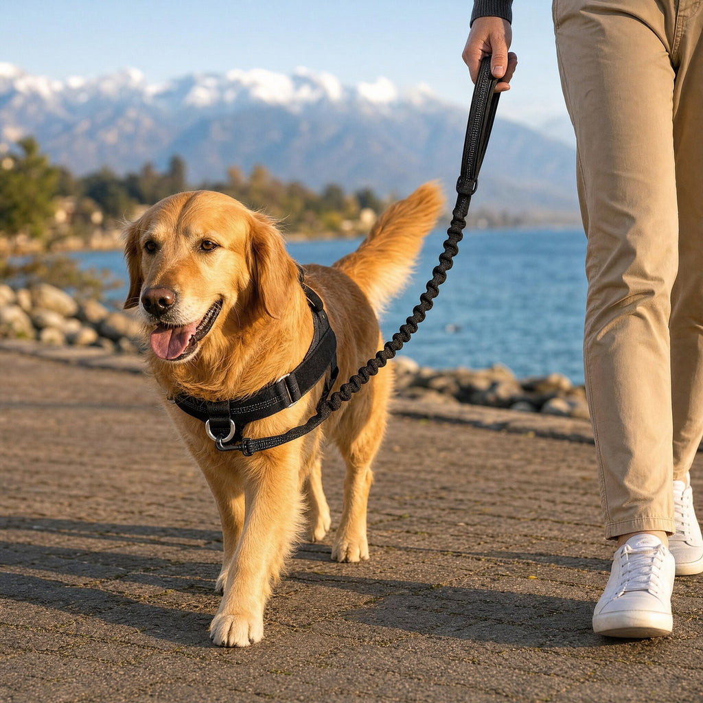 Golden retriever en balade au bord du lac avec le harnais anti-traction Livelor noir